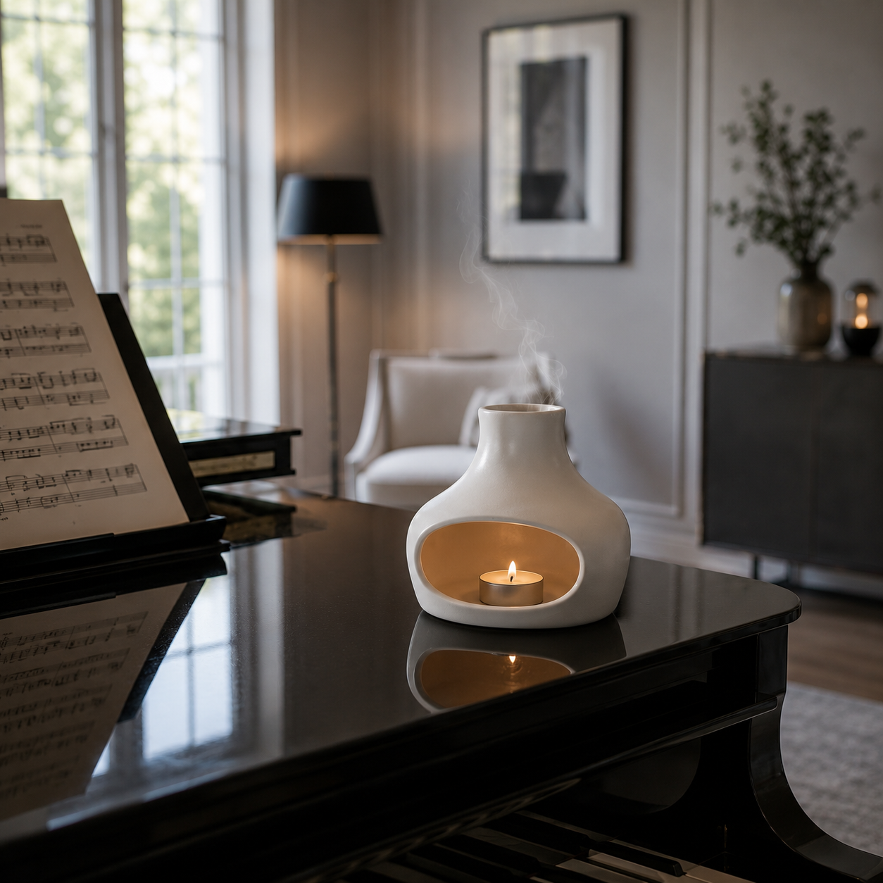 vit bordseldstad på piano