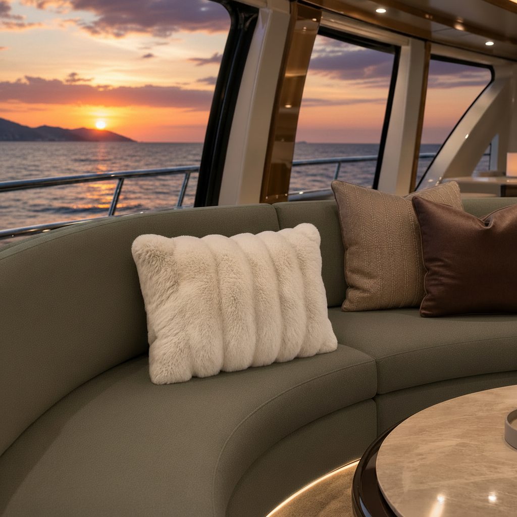 vit fuskpälskudde på yacht vid solnedgång