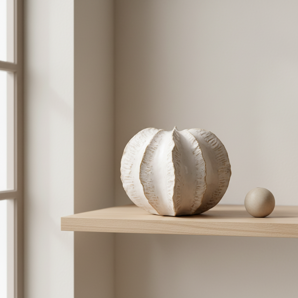 vit keramikvas på hylla minimalistisk miljö