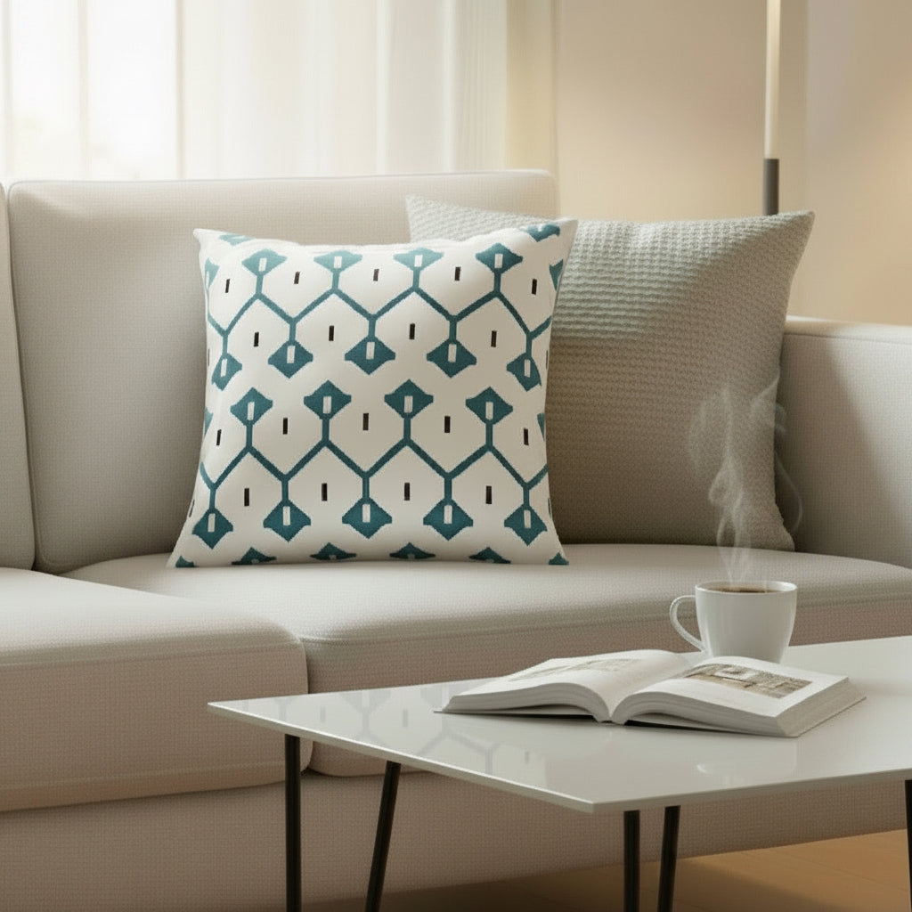 turkost kuddfodral på beige soffa vardagsrum